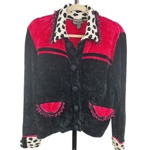 Berek‎ Women's Size Medium Red Black Dalmatian Print Trim Cardigan Sweater Y2K